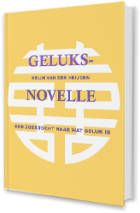 Omslag van het boek Geluksnovelle. Geel met een geometrische vorm en de tekst Geluksnovelle